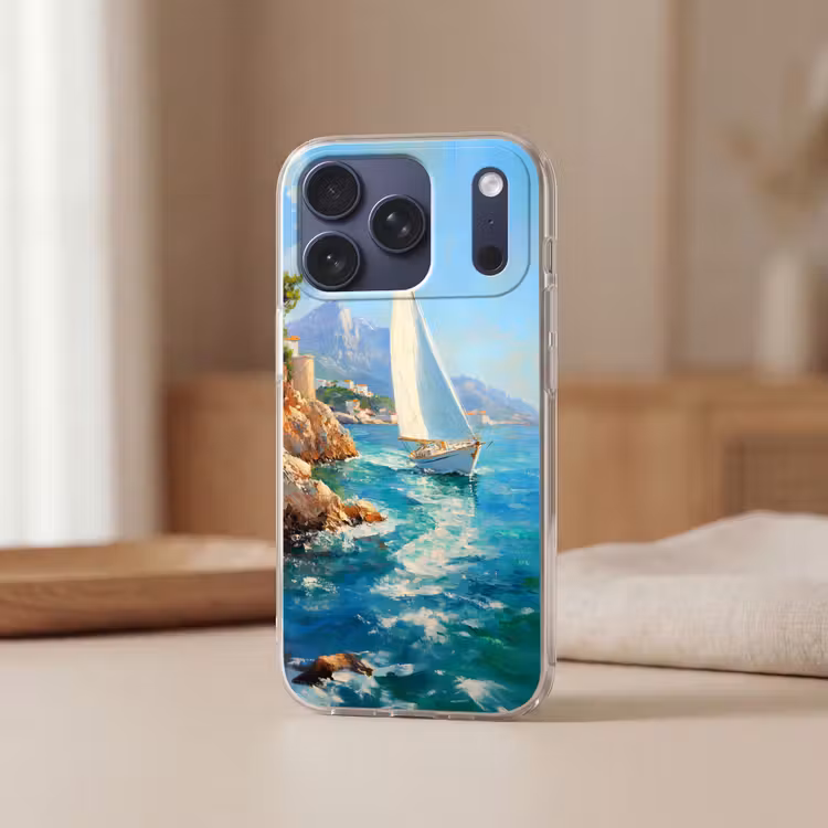 Telefoonhoesje Softcase - Zeilboot - Rotsen - Kust - Huizen — 3