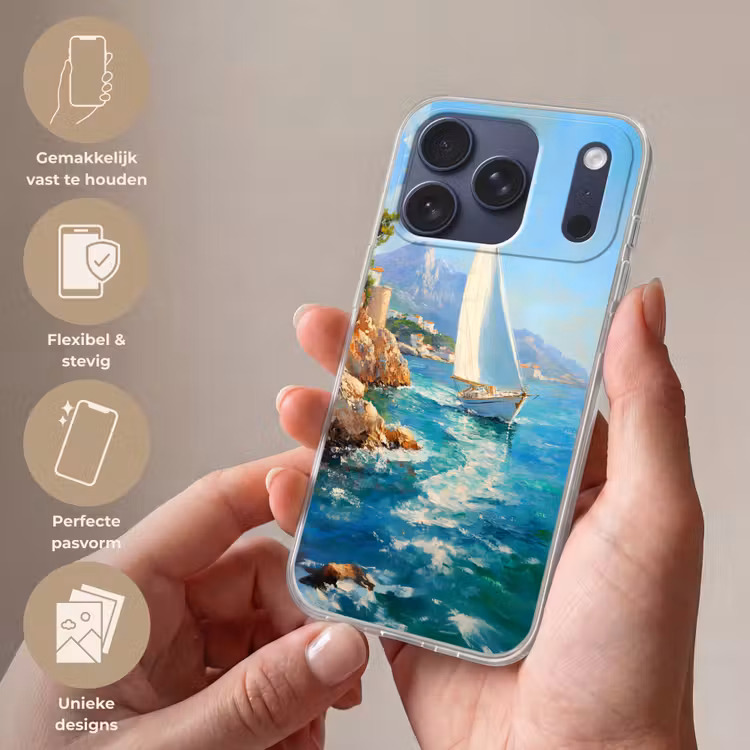 Telefoonhoesje Softcase - Zeilboot - Rotsen - Kust - Huizen — 4