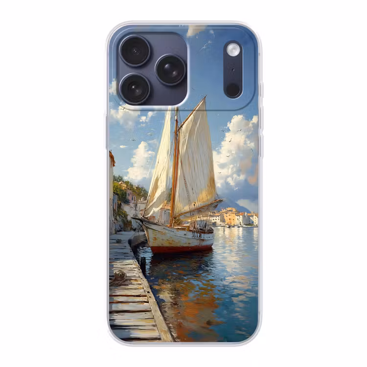Telefoonhoesje Softcase - Zeilschip - Huizen - Kade - Zee — 1