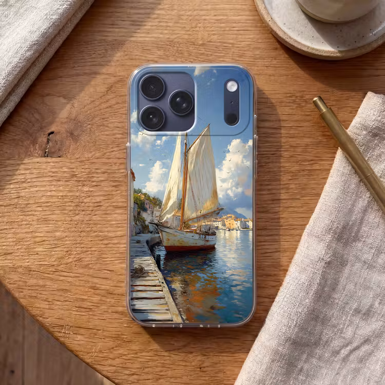 Telefoonhoesje Softcase - Zeilschip - Huizen - Kade - Zee — 2