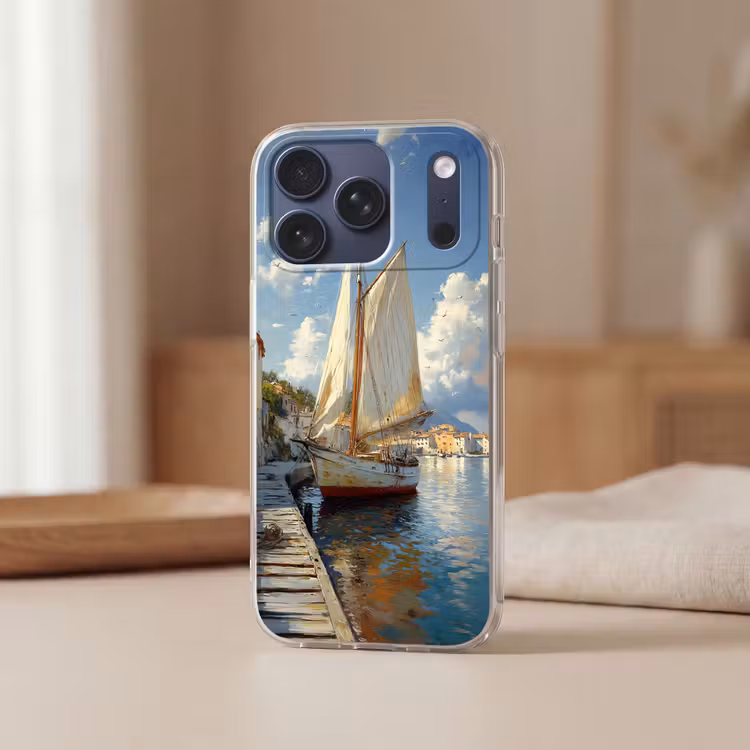 Telefoonhoesje Softcase - Zeilschip - Huizen - Kade - Zee — 3