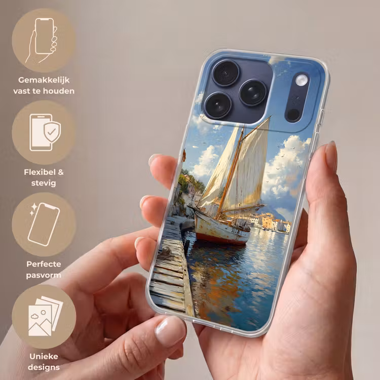 Telefoonhoesje Softcase - Zeilschip - Huizen - Kade - Zee — 4