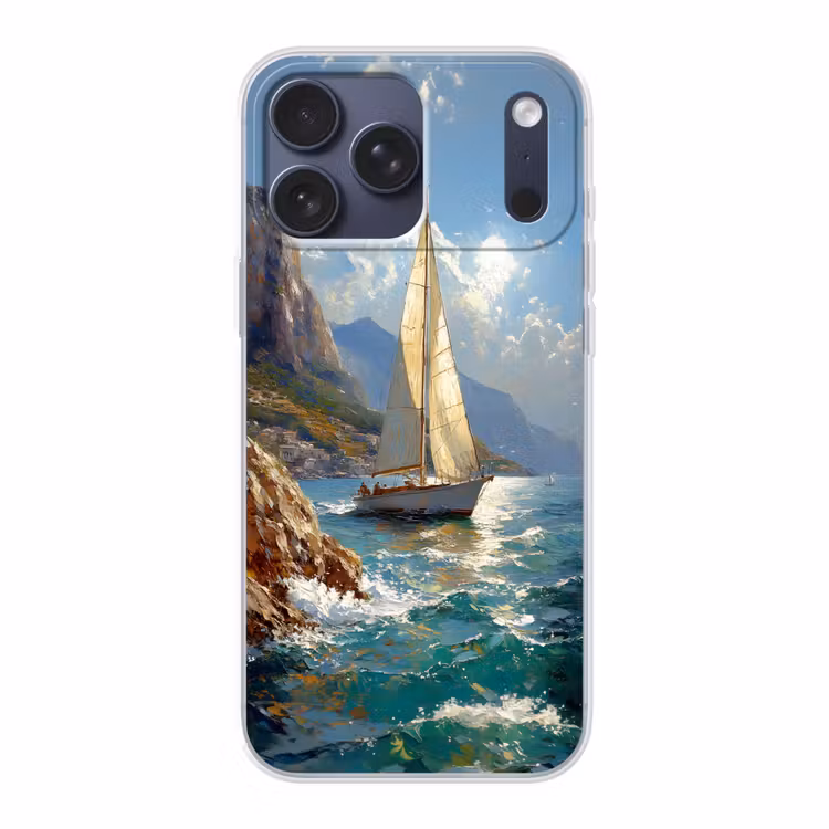 Telefoonhoesje Softcase - Zeilschip - Zee - Rotsen - Wolken — 1
