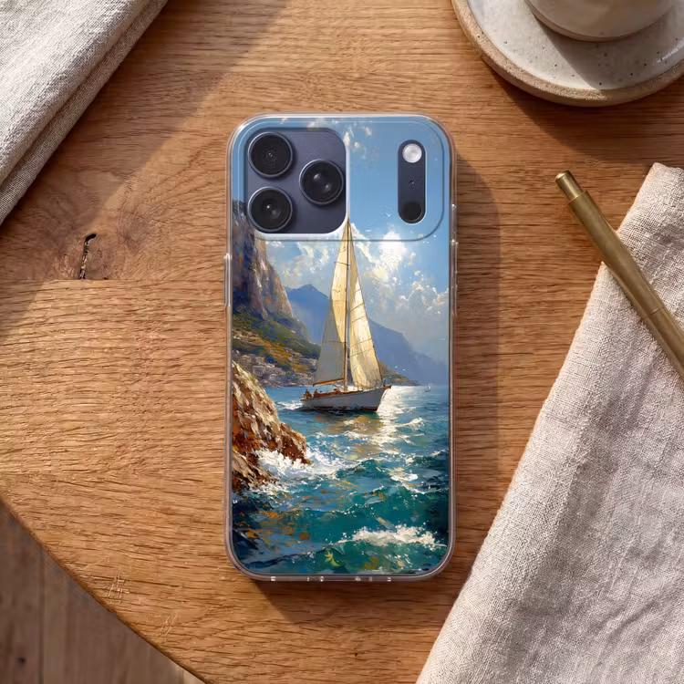 Telefoonhoesje Softcase - Zeilschip - Zee - Rotsen - Wolken — 2