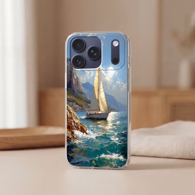 Telefoonhoesje Softcase - Zeilschip - Zee - Rotsen - Wolken — 3