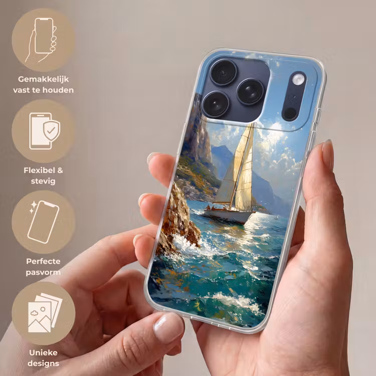 Telefoonhoesje Softcase - Zeilschip - Zee - Rotsen - Wolken — 4