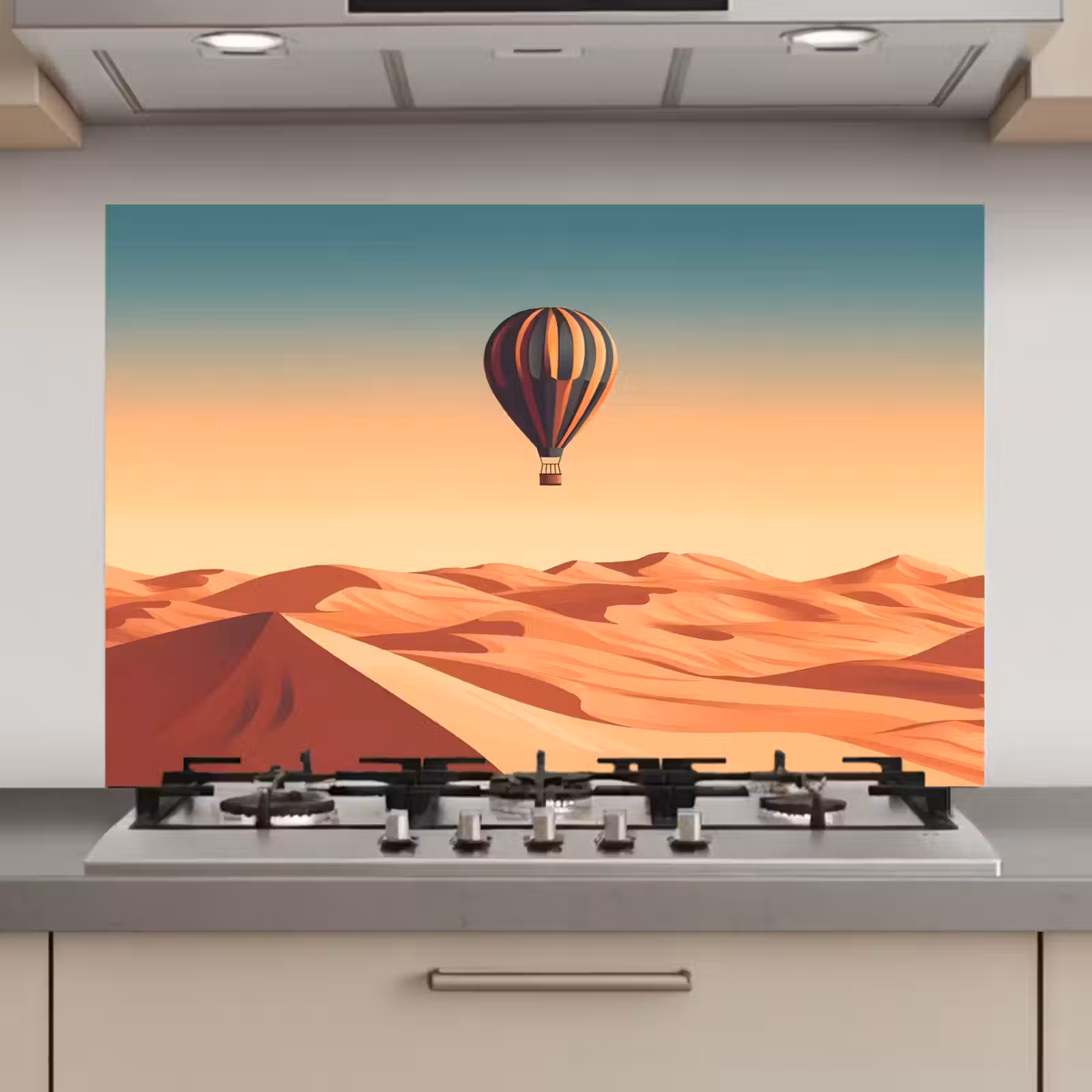Spatscherm keuken - Luchtballon - Woestijn - Zonsondergang - Blauw — 1