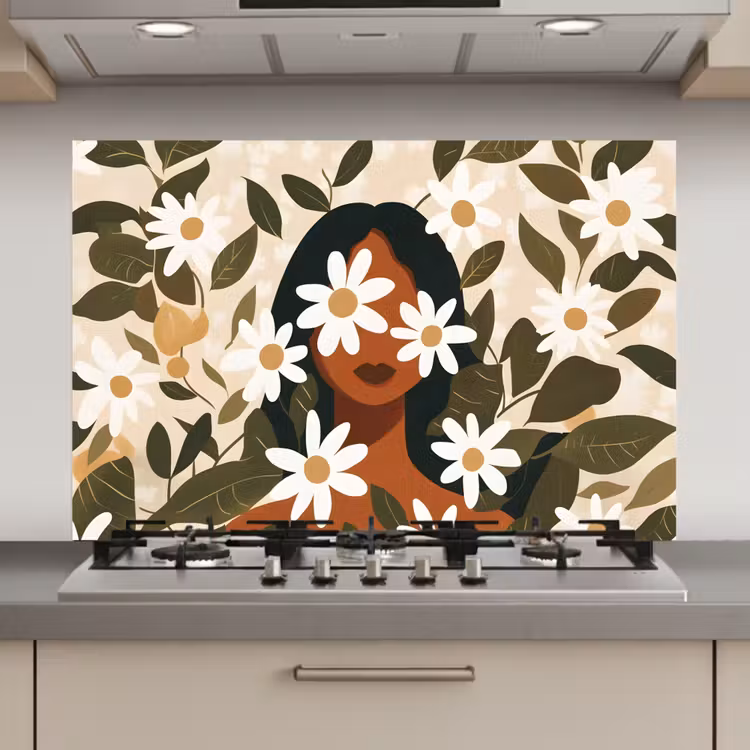 Spatscherm keuken - Illustratie - Vrouw - Madeliefjes - Wit — 1