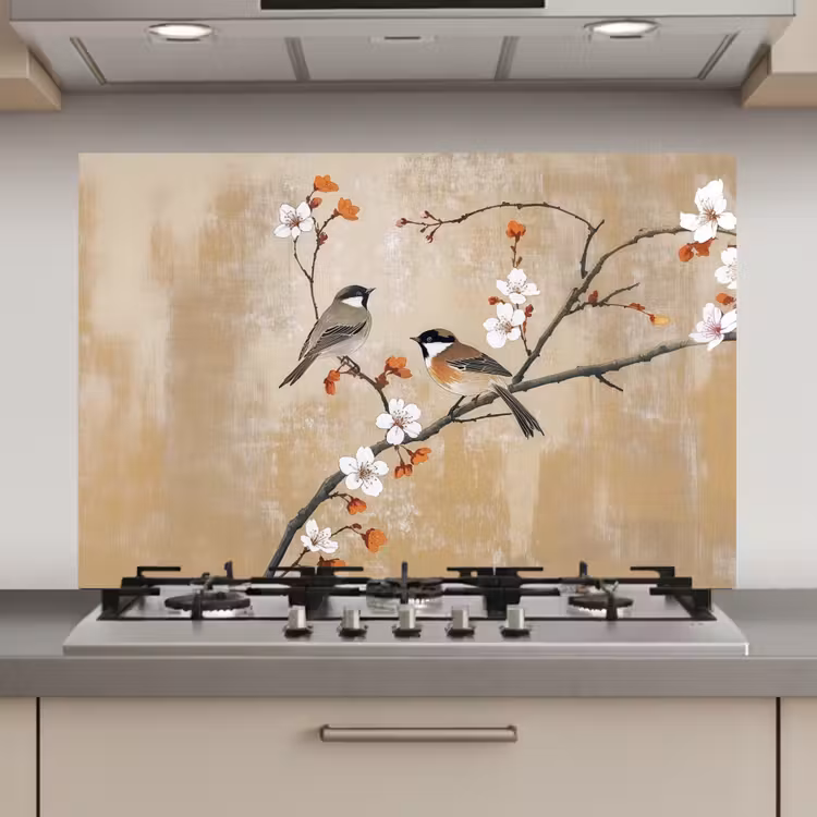 Spatscherm keuken - Vogels - Bloesemtak - Bloemen - Oranje — 1