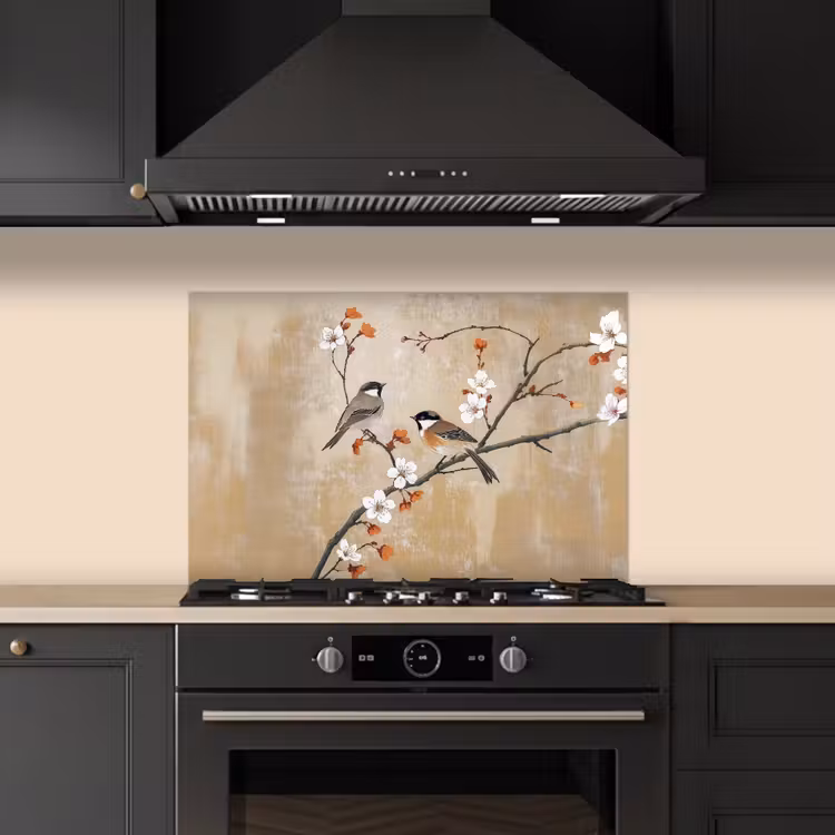 Spatscherm keuken - Vogels - Bloesemtak - Bloemen - Oranje — 2