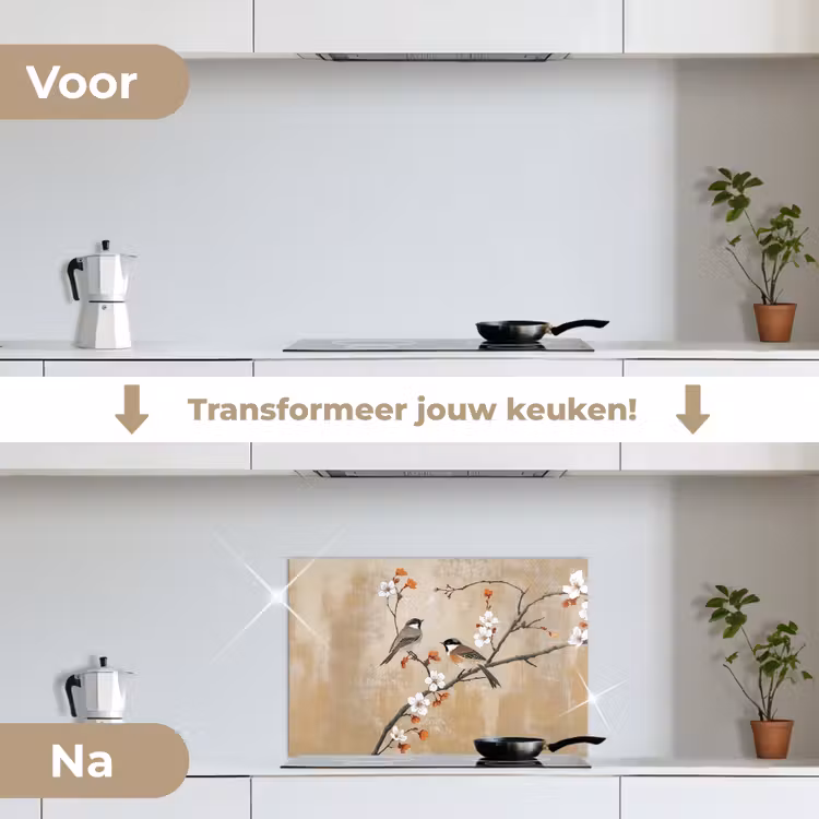 Spatscherm keuken - Vogels - Bloesemtak - Bloemen - Oranje — 3