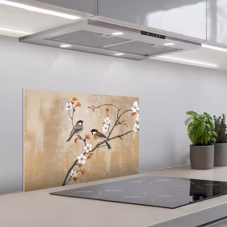 Spatscherm keuken - Vogels - Bloesemtak - Bloemen - Oranje — 5