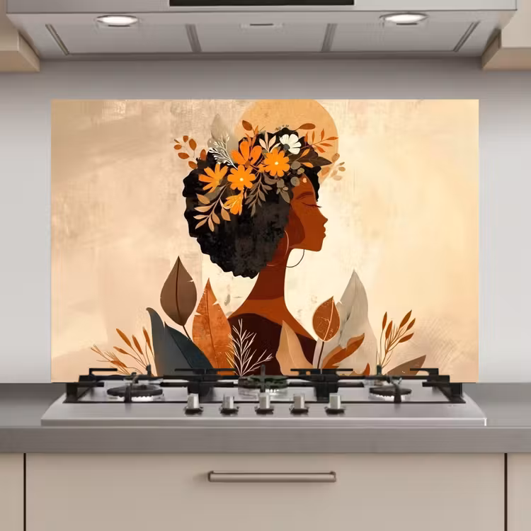 Spatscherm keuken - Vrouw - Krullen - Bloemen - Beige — 1