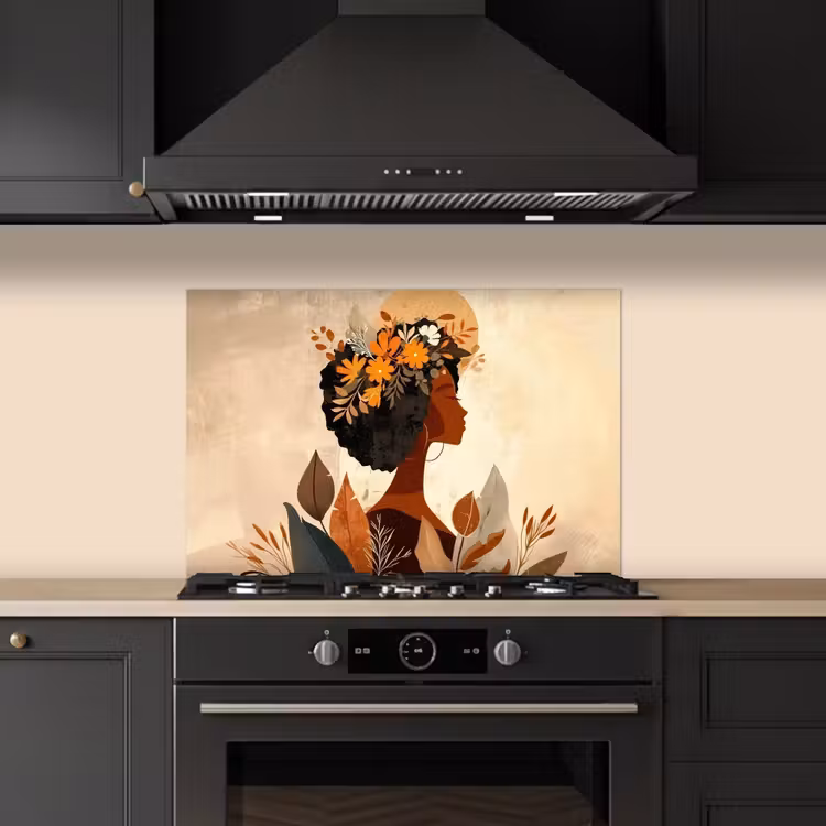 Spatscherm keuken - Vrouw - Krullen - Bloemen - Beige — 2