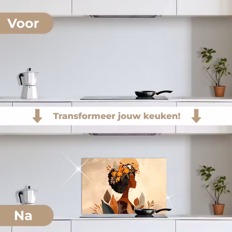 Spatscherm keuken - Vrouw - Krullen - Bloemen - Beige — 3