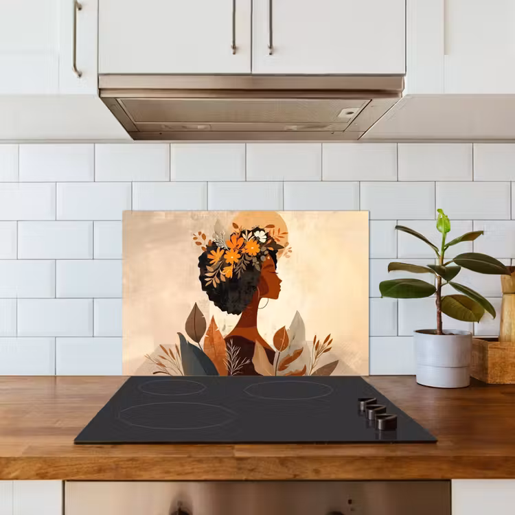 Spatscherm keuken - Vrouw - Krullen - Bloemen - Beige — 6