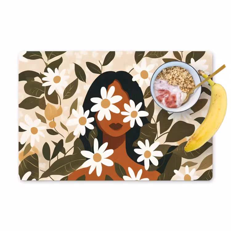 Placemat - 6 stuks - Illustratie - Vrouw - Madeliefjes - Wit — 1