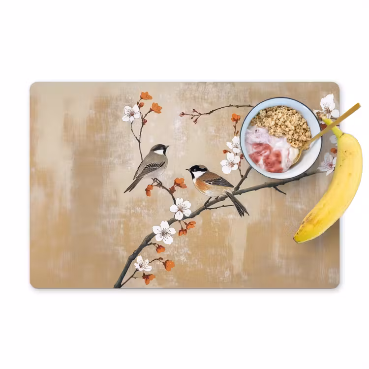 Placemat - 6 stuks - Vogels - Bloesemtak - Bloemen - Oranje — 1