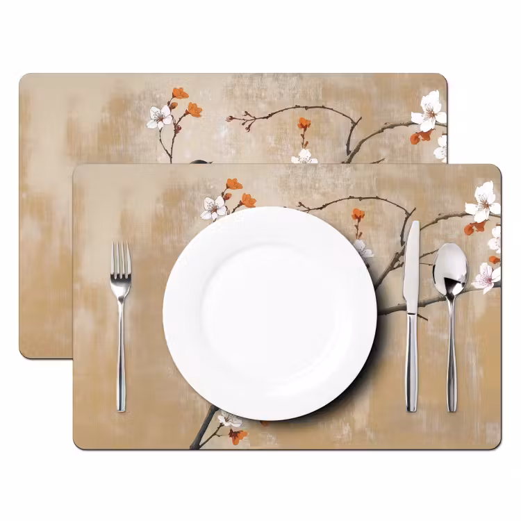 Placemat - 6 stuks - Vogels - Bloesemtak - Bloemen - Oranje — 2
