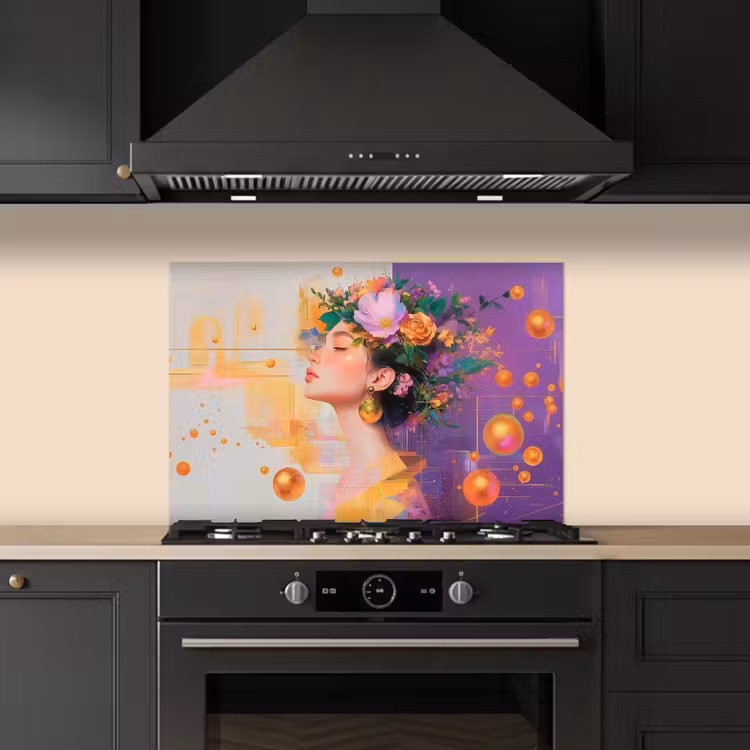 Spatscherm keuken - Abstract - Vrouw - Bloemenkroon - Goud — 2