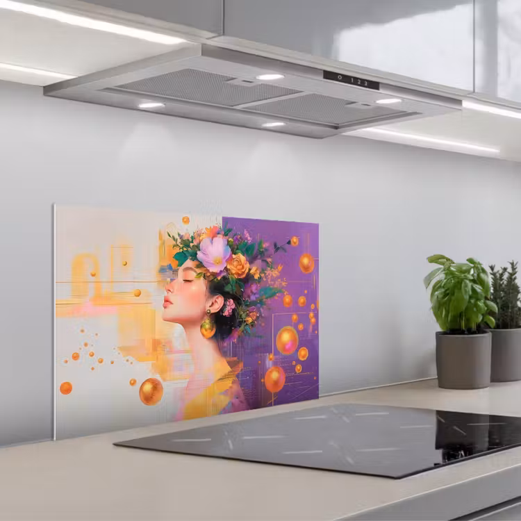 Spatscherm keuken - Abstract - Vrouw - Bloemenkroon - Goud — 5