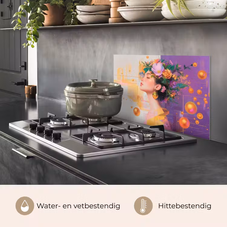 Spatscherm keuken - Abstract - Vrouw - Bloemenkroon - Goud — 7