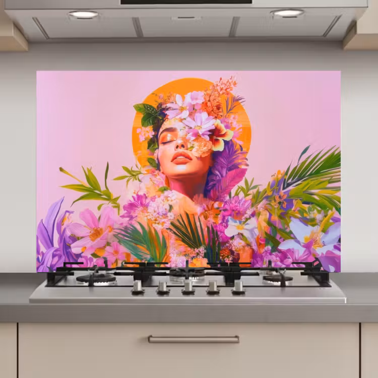 Spatscherm keuken - Vrouw - Abstract - Cirkel - Bloemen — 1