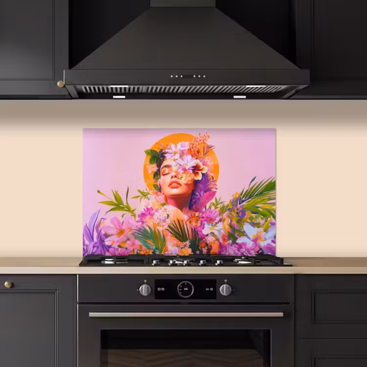Spatscherm keuken - Vrouw - Abstract - Cirkel - Bloemen — 2