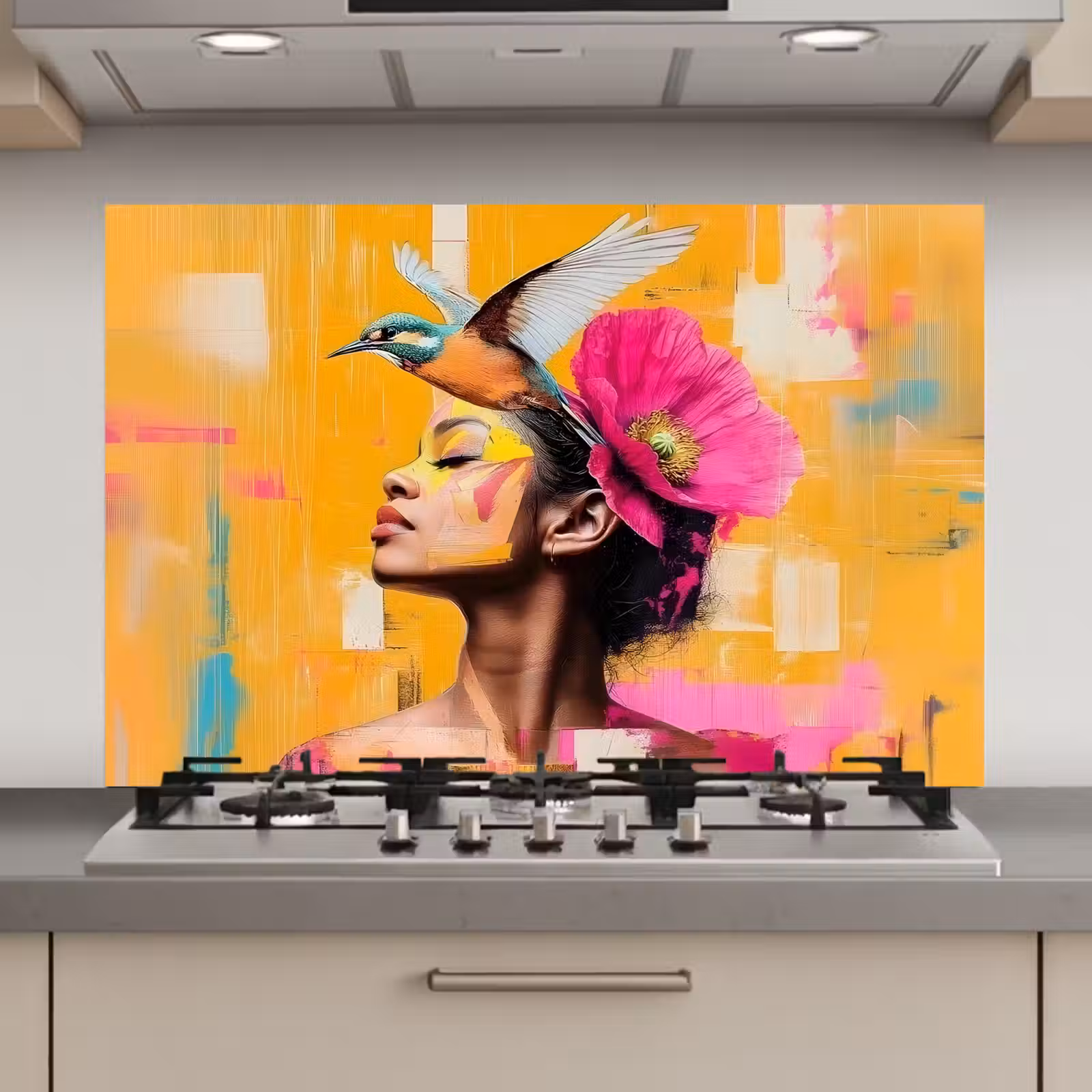 Spatscherm keuken - Vogel - Vrouw - Abstract - Bloem — 1