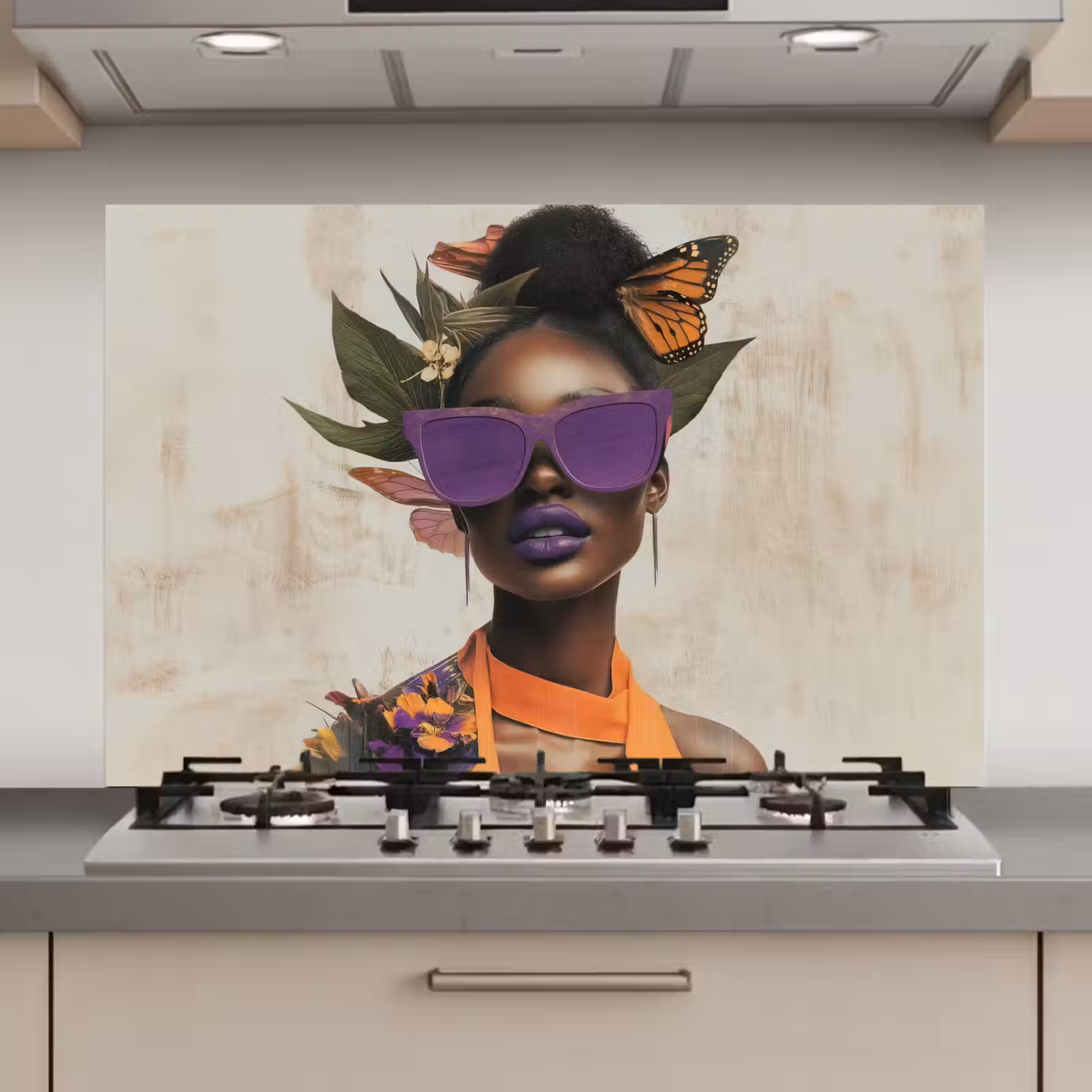 Spatscherm keuken - Vrouw - Zonnebril - Vlinder - Bloemen — 1