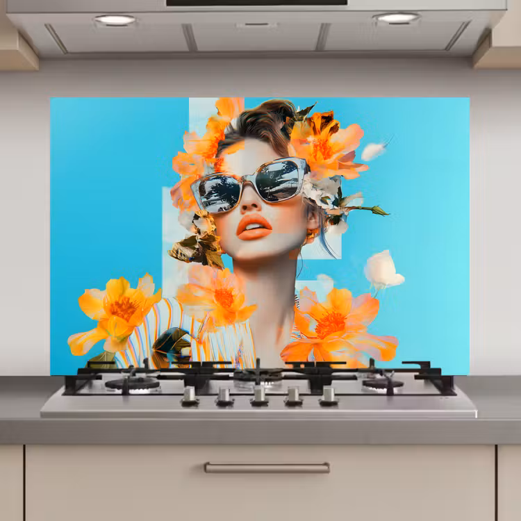 Spatscherm keuken - Bloemen - Vrouw - Zonnebril - Blauw — 1