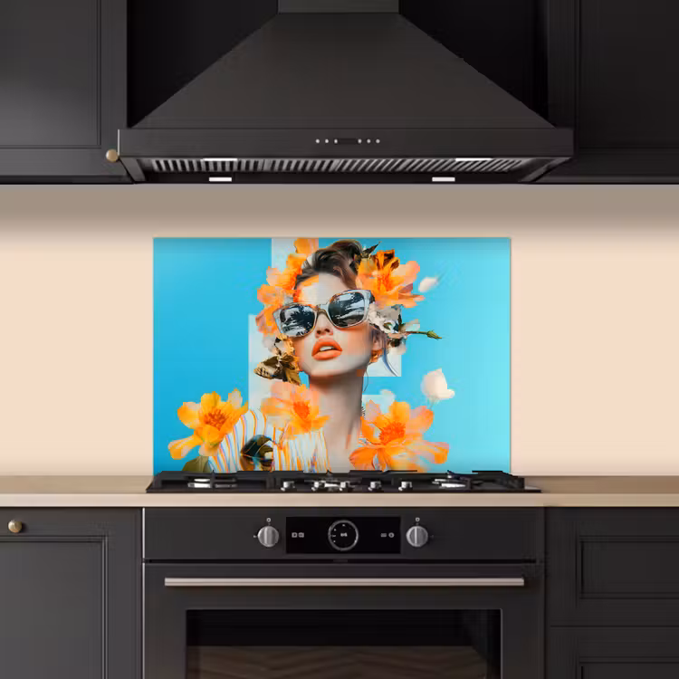 Spatscherm keuken - Bloemen - Vrouw - Zonnebril - Blauw — 2