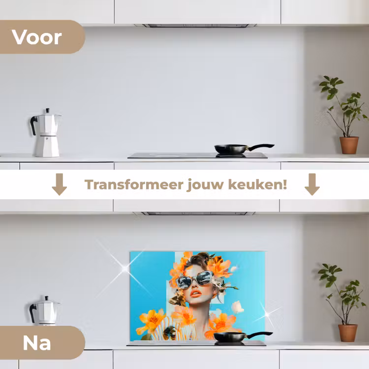Spatscherm keuken - Bloemen - Vrouw - Zonnebril - Blauw — 3