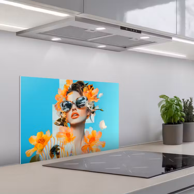Spatscherm keuken - Bloemen - Vrouw - Zonnebril - Blauw — 5