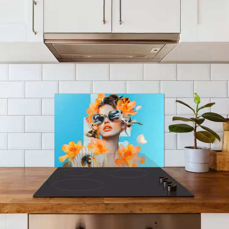 Spatscherm keuken - Bloemen - Vrouw - Zonnebril - Blauw — 6