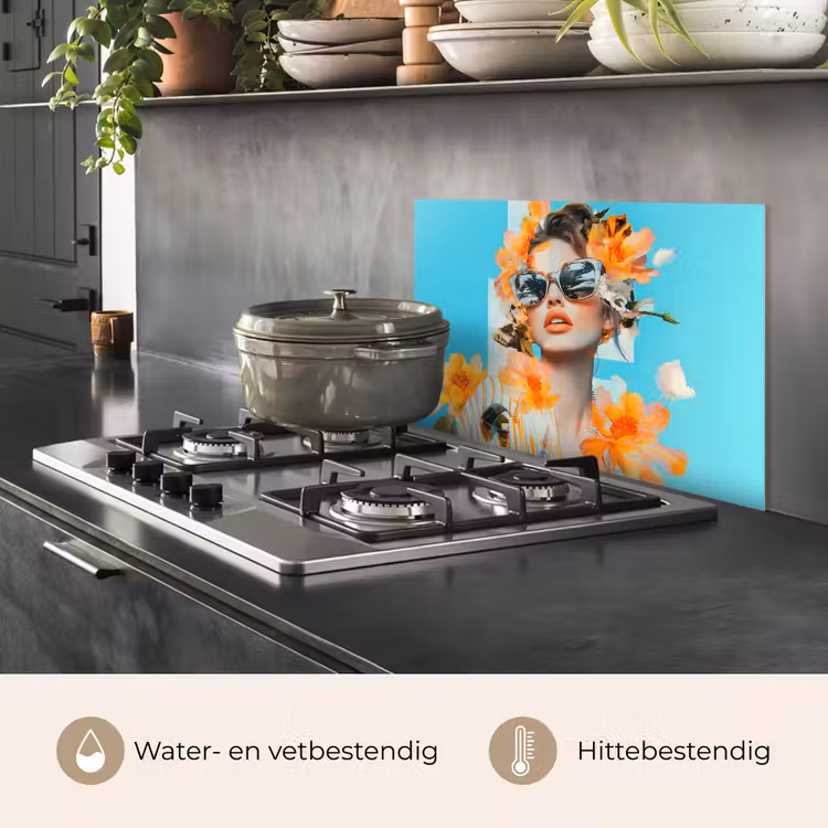 Spatscherm keuken - Bloemen - Vrouw - Zonnebril - Blauw — 7