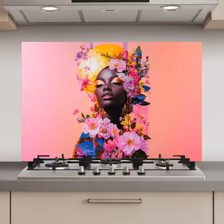 Spatscherm keuken - Kleurrijk - Bloemen - Vrouw - Zon — 1