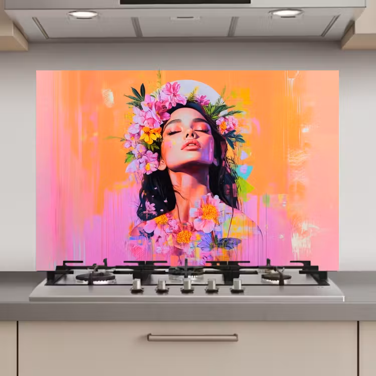 Spatscherm keuken - Portret - Bloemenkroon - Vrouw — 1