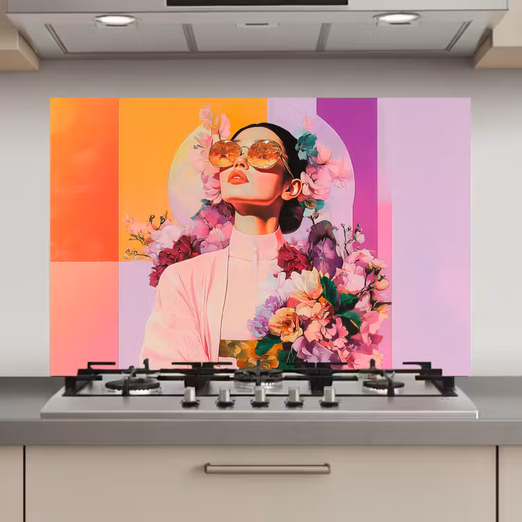 Spatscherm keuken - Portret - Vrouw - Abstract - Bloemen — 1