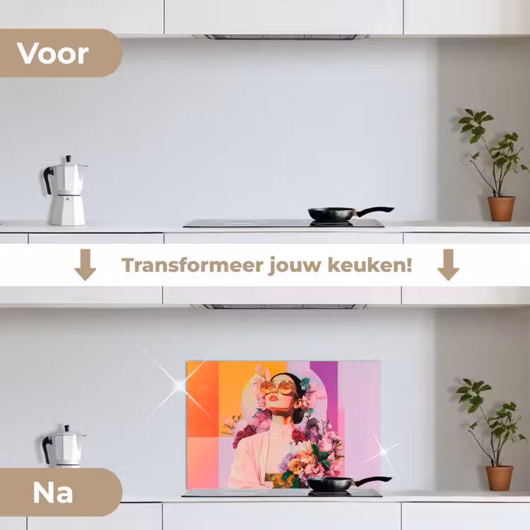 Spatscherm keuken - Portret - Vrouw - Abstract - Bloemen — 3
