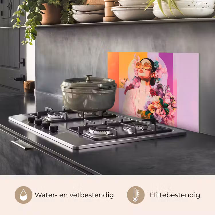 Spatscherm keuken - Portret - Vrouw - Abstract - Bloemen — 7