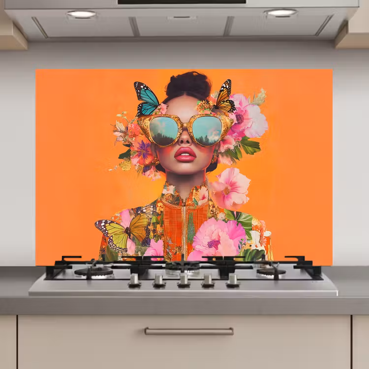 Spatscherm keuken - Vlinders - Vrouw - Zonnebril - Kleurrijk — 1