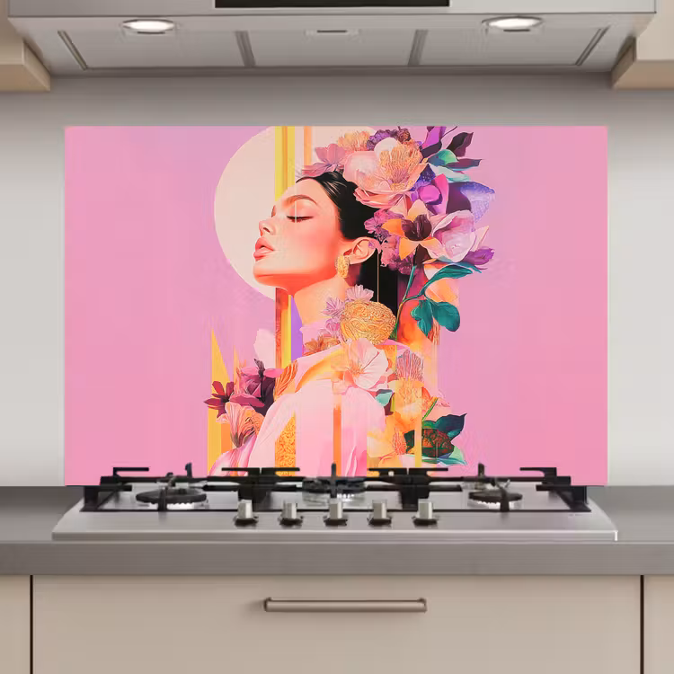 Spatscherm keuken - Vrouw - Bloemen - Paars - Abstract — 1