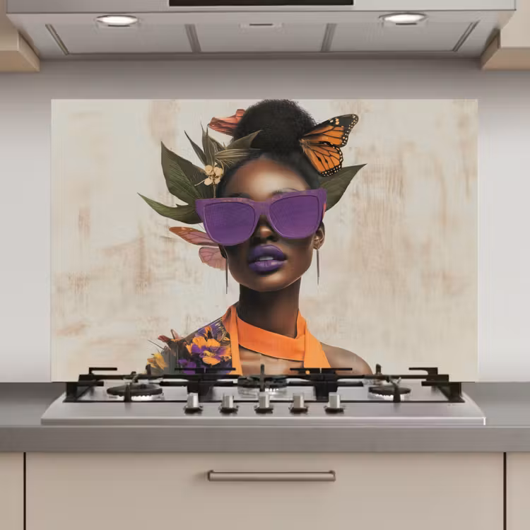 Spatscherm keuken - Vrouw - Zonnebril - Vlinder - Bloemen — 1