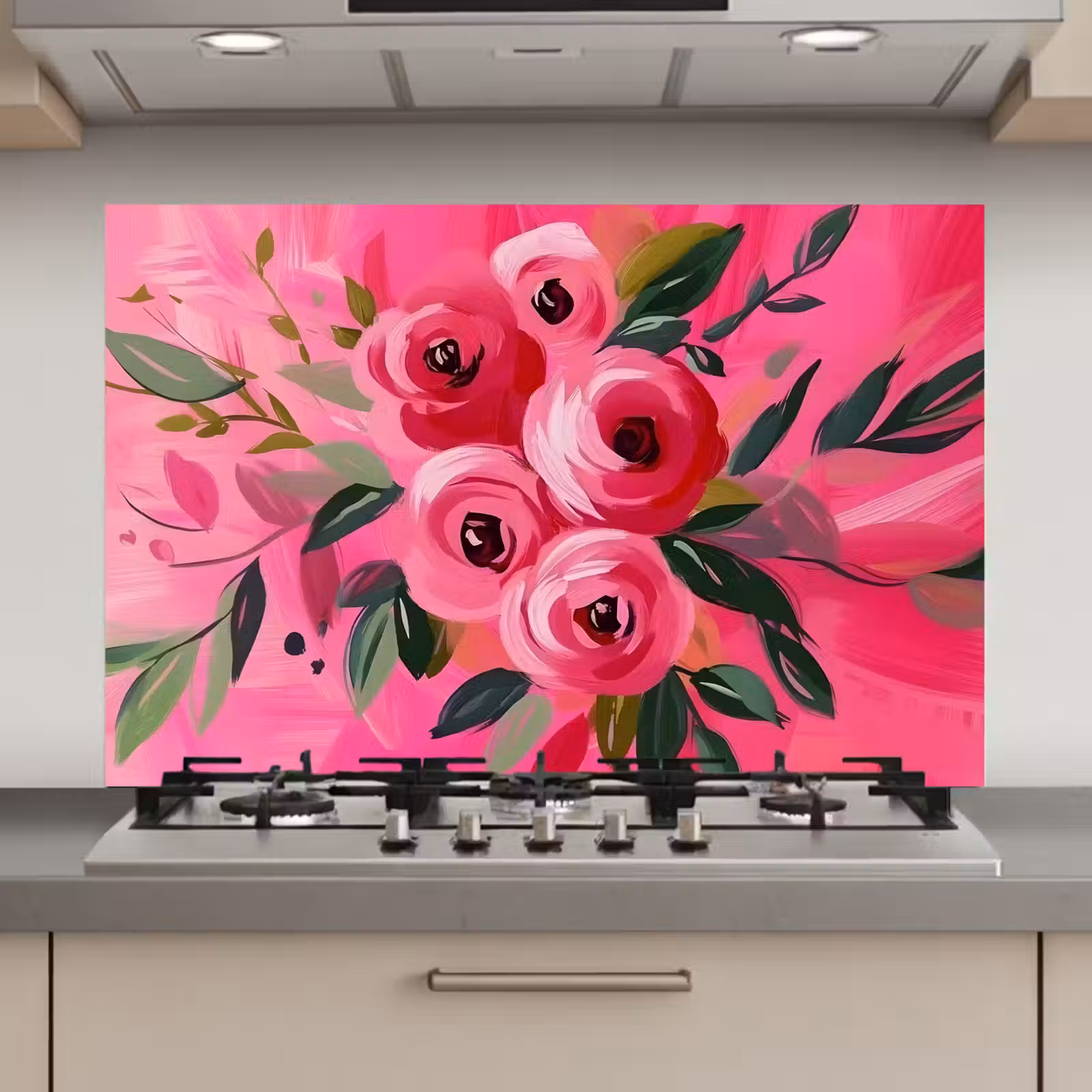 Spatscherm keuken - Bloemen - Verf - Roze — 1
