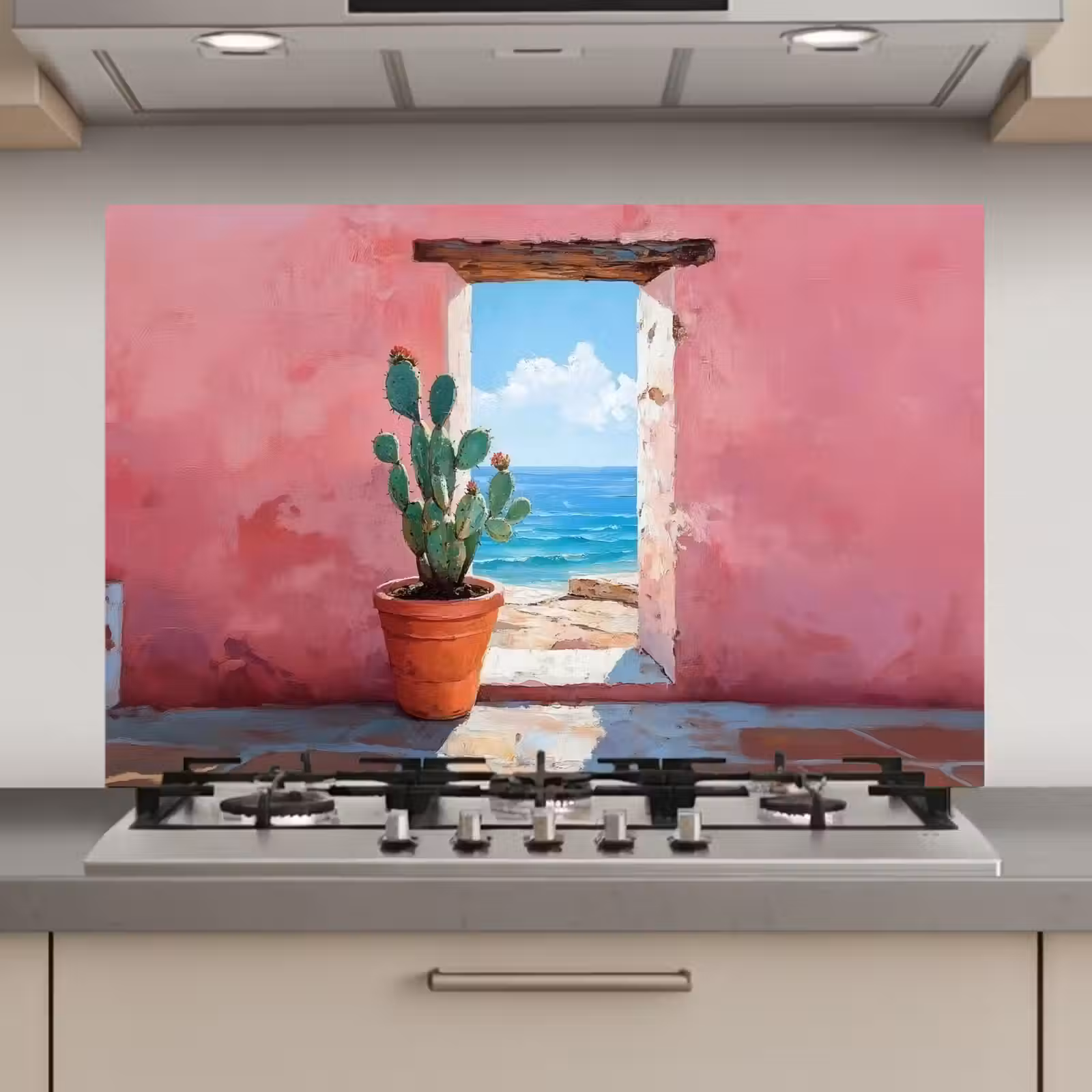 Spatscherm keuken - Zee - Roze - Cactus — 1