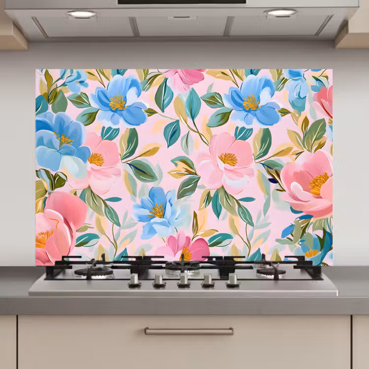 Spatscherm keuken - Blauw - Roze - Bloemen — 1