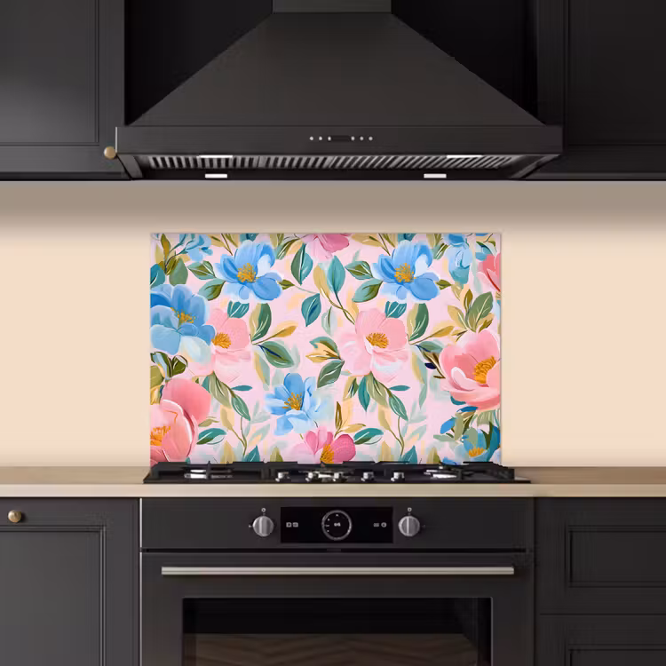 Spatscherm keuken - Blauw - Roze - Bloemen — 2