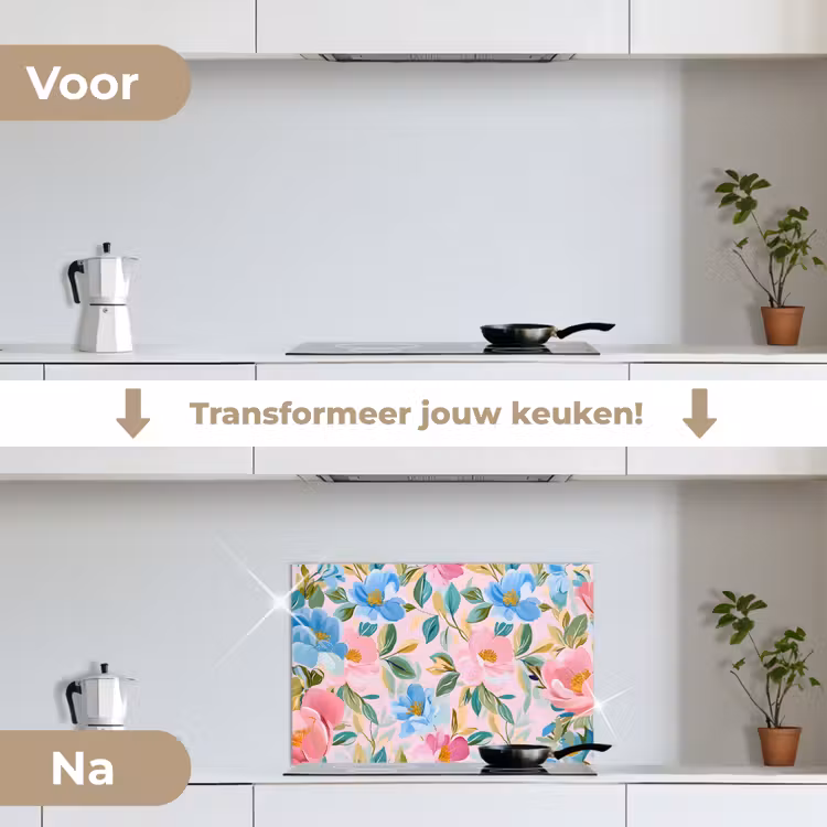 Spatscherm keuken - Blauw - Roze - Bloemen — 3