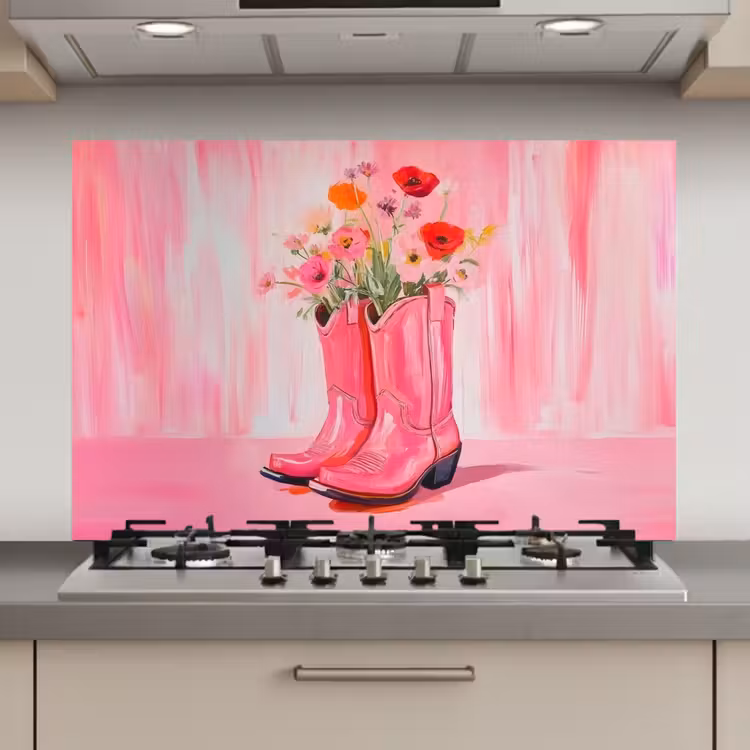 Spatscherm keuken - Roze - Bloemen - Cowboy — 1